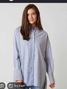 Free People Blue and White Striped Button-Up Tunic